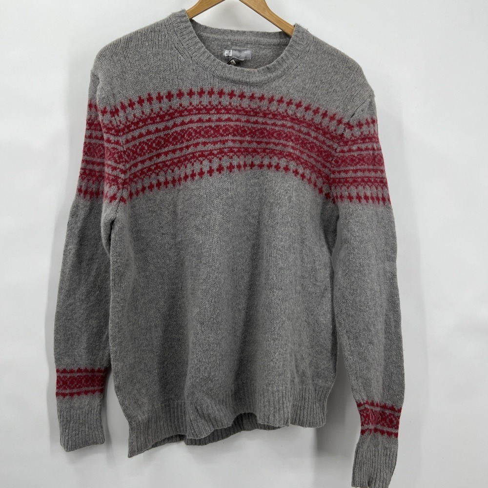 JC Penney Men's Sz M/L Grandpa Sweater Lambswool Blend Gray Fair Isle Felting